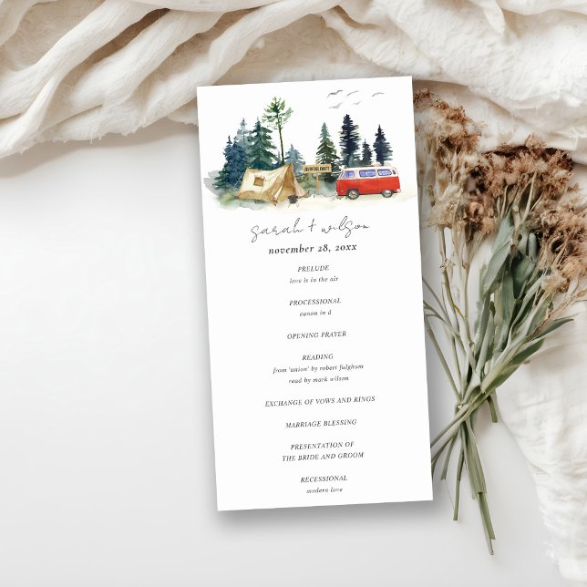 Camping Watercolor Pine Forest Wedding Programme (Créateur téléchargé)