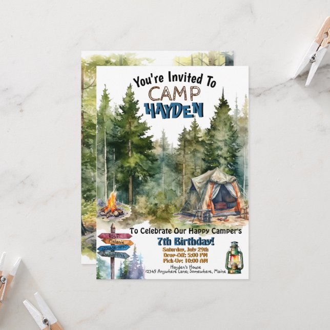 Camping Woods Camp extérieur Invitations d'anniver (Devant/Arrière en situation)