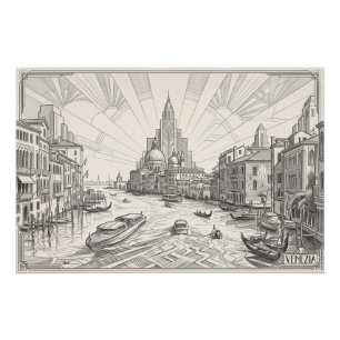 Canal Grande de Venise Croquis au Crayon Art Déco 