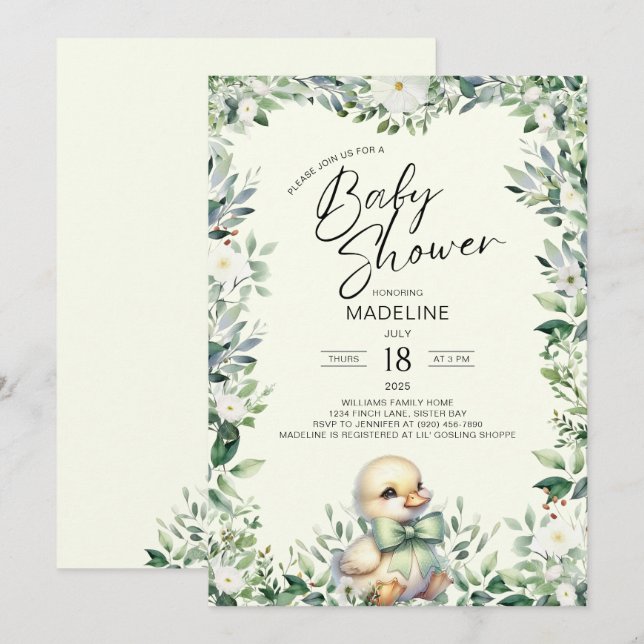 Canard avec Bow Baby shower vert Invitation (Devant / Derrière)