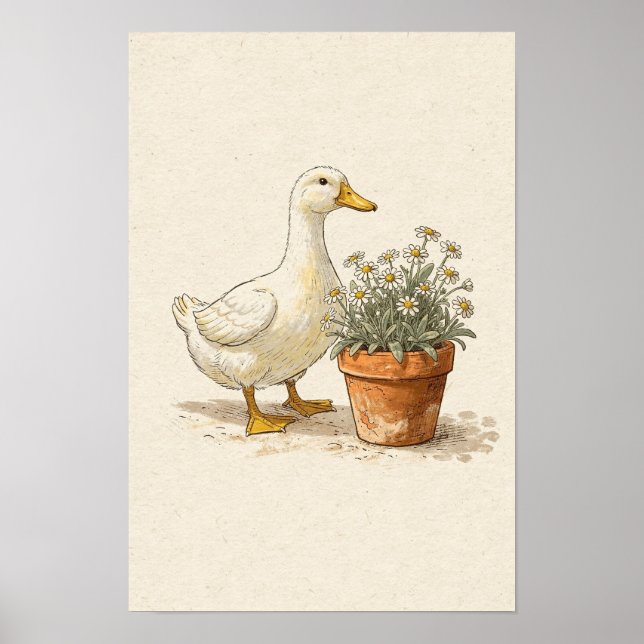 Canard Blanc et Marguerites en Pot - Décoration Mu (Devant)