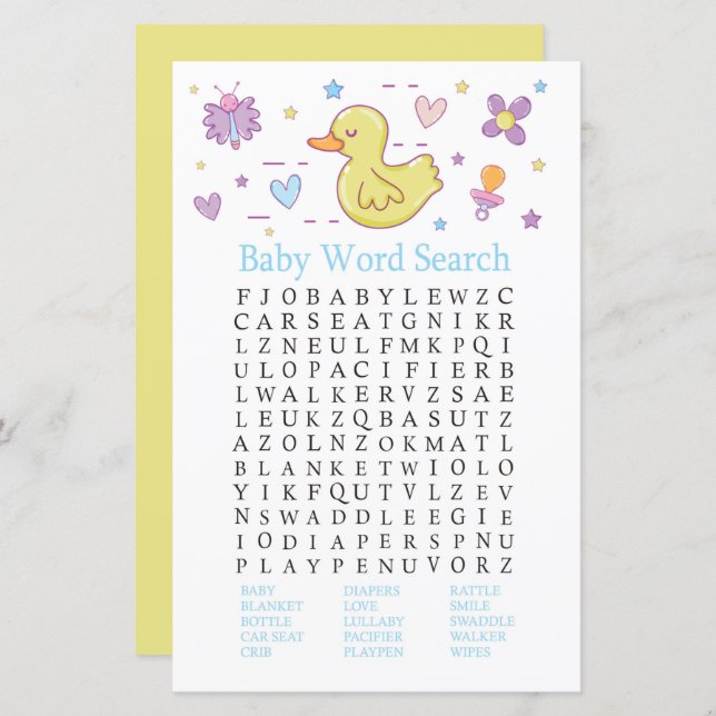 Canard en caoutchouc Baby shower Word Search Jeu (Devant / Derrière)