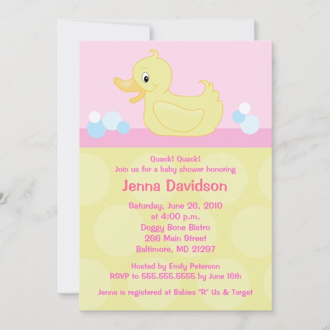 Canard jaune 5x7 Baby shower Invitation - Rose (Devant)