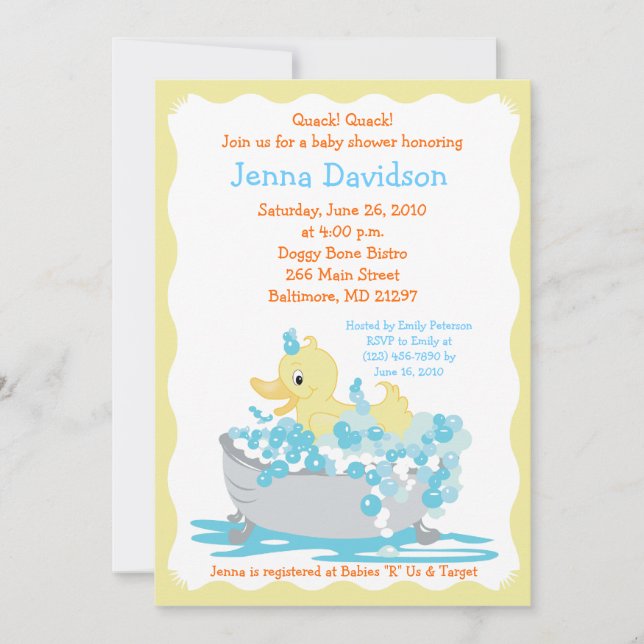 Canard jaune dans le Baby shower Tub Invitation (Devant)