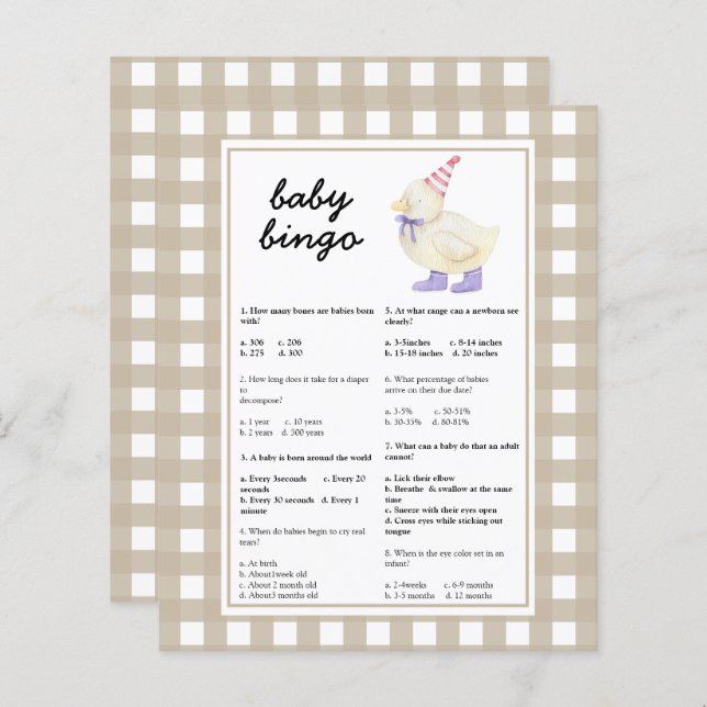 Canard - Trivia bébé | Jeu baby shower (Devant / Derrière)