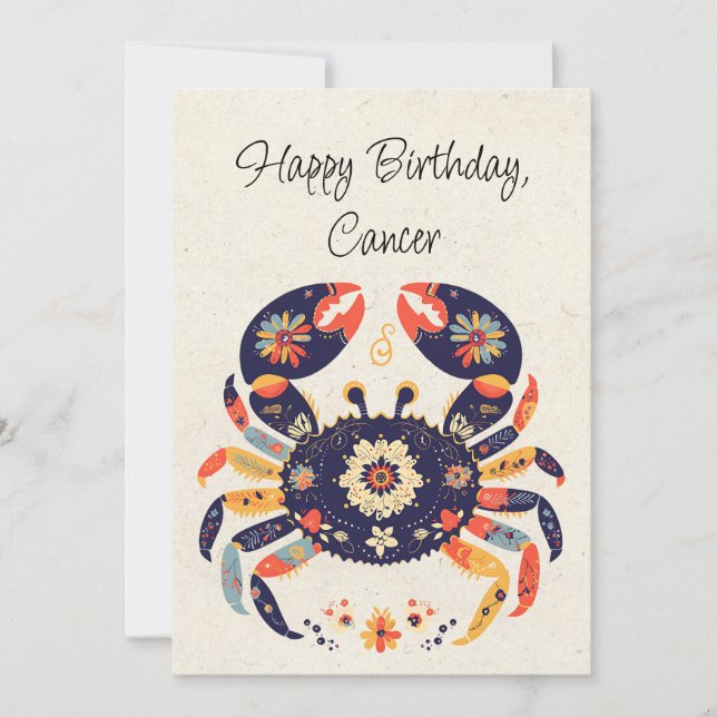 Cancer Crabe Zodiac Floral Carte d'anniversaire pl (Devant)