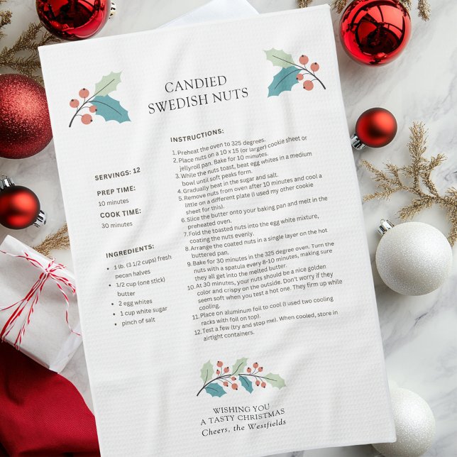 Candone Swedish Nuts Holiday Recette Serviette de  (Wishing You a Tasty Christmas Candied Swedish Nuts Holiday Recipe Kitchen Towel)