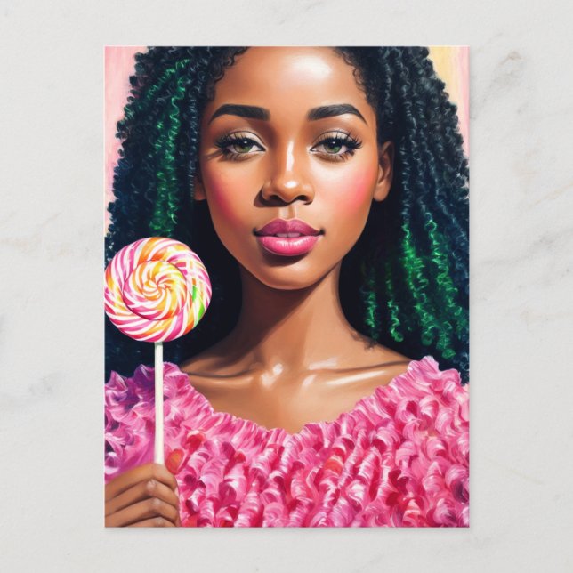 Candy Black Girl en rose carte postale (Devant)