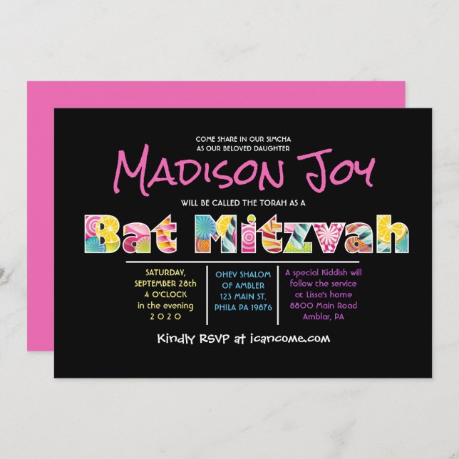 CANDY COUTURE Bat mitzvah rose Invitation (Devant / Derrière)