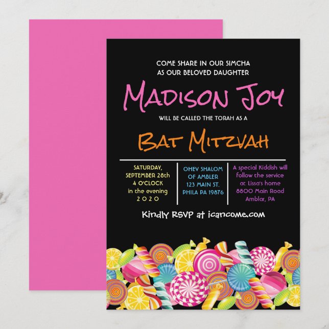 CANDY COUTURE Bat mitzvah rose Invitation (Devant / Derrière)