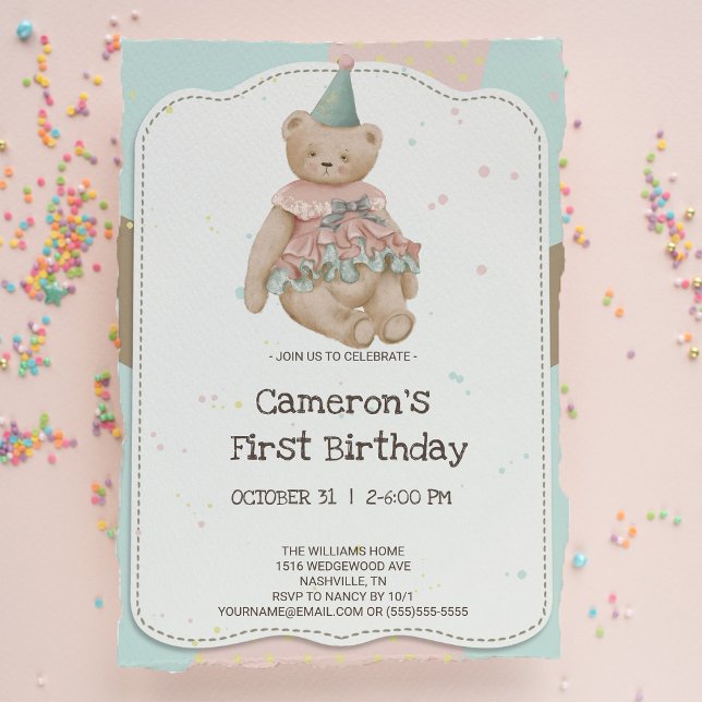Candy Cute Bear First Birthday Invitation (Créateur téléchargé)