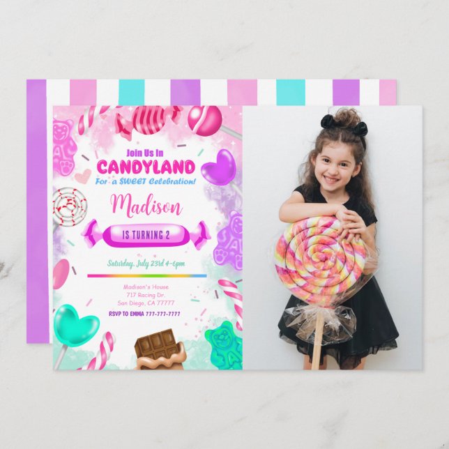 Candy land Anniversaire Photo Invitation (Devant / Derrière)