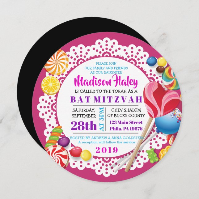 CANDY STORE Bat mitzvah ROND Invitation (Devant / Derrière)