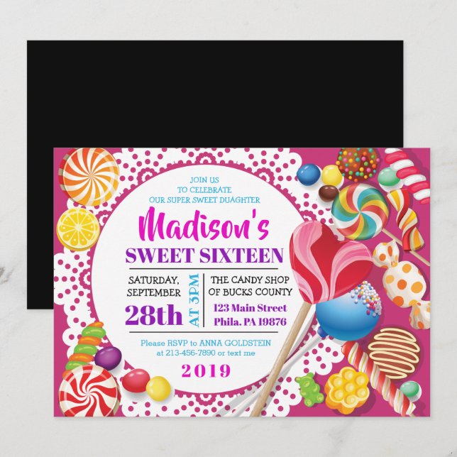 CANDY STORE Sweet sixteen 16 Invitation (Devant / Derrière)