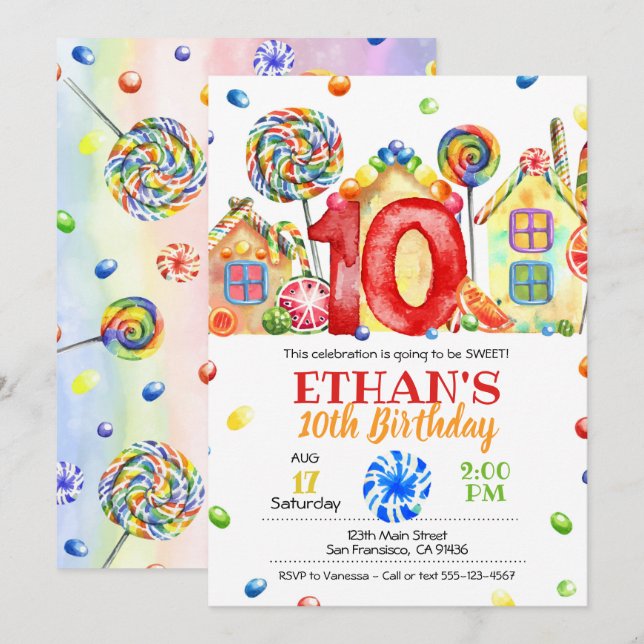 Candyland Candy Invitation pour le thème de bonbon (Devant / Derrière)