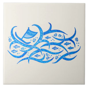 Canoë hawaïen de pétroglyphe au carreau de