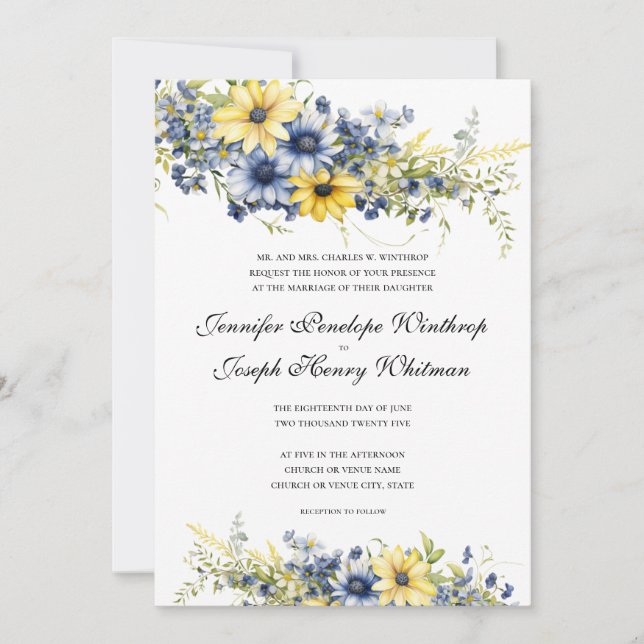 Cape Cod Summer Blue Floral Faire-part de mariage (Devant)