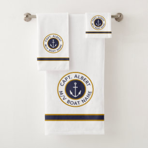 Capitaine Votre nom White Navy Blue Gold Serviette