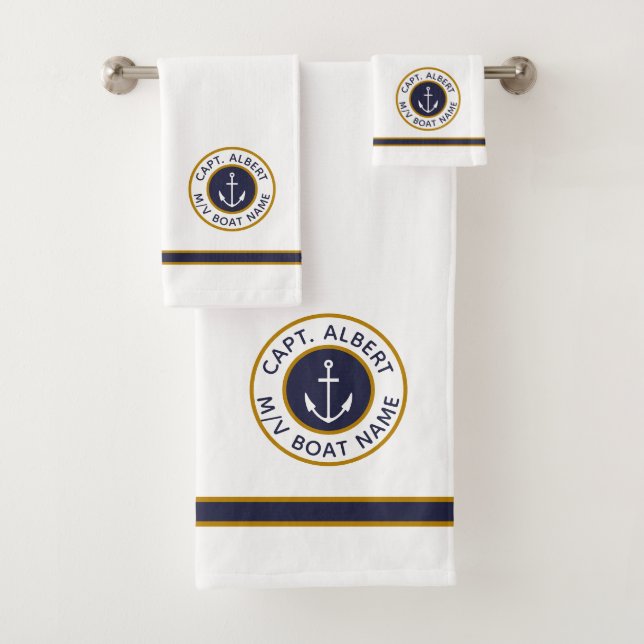 Capitaine Votre nom White Navy Blue Gold Serviette (En situation)