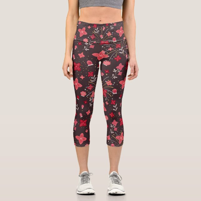 Capri Capris Leggings en noir avec Fleurs roses (Recto)