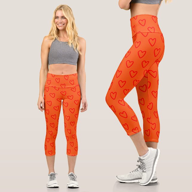 Capri Cool Bright Orange Red Hearts Motifs Leggings (Créateur téléchargé)
