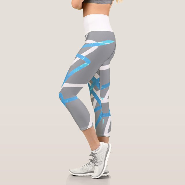 Capri Funky Art Abstrait Turquoise Blue Grey Leggings (Gauche)