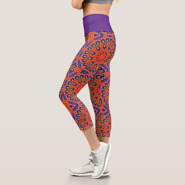 Capri Mandala Retro Orange Psychedelic Yoga leggings (Gauche)