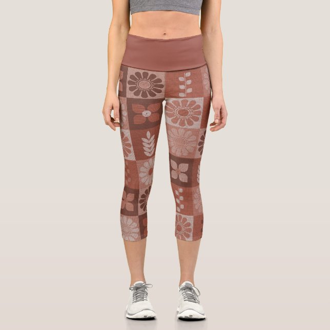 Capri Rustique Orange Brown Burlap Linge Motif Leggings (Recto)