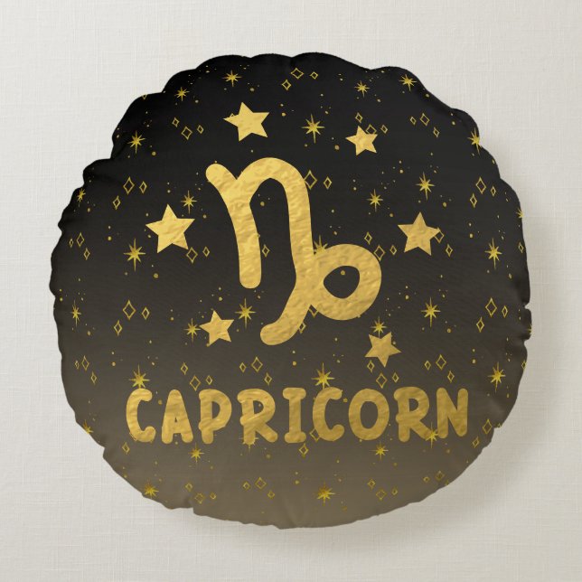 Capricorne Zodiac Coussin rond noir et or (Devant)