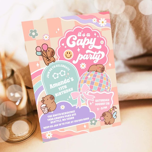 Capy Party Cloud Rainbow Disco Birthday Invitation (Créateur téléchargé)