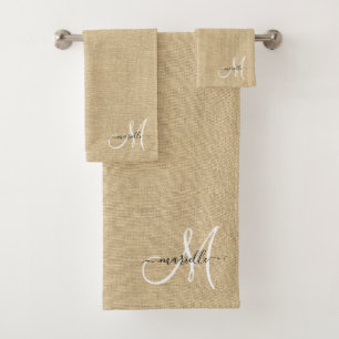 Caramel blanc Monogramme Faux Paille lin