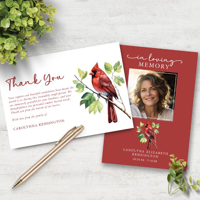 Cardinal Bird Funeral Memorial Photo Merci (Cardinal Bird Funeral Memorial Photo Thank You Card)