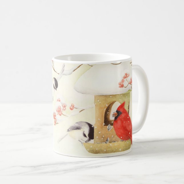 Cardinal d'alimentation d'hiver et chickadees Mug (Devant droit)