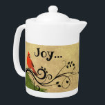 Cardinal Joie Thé de Noël Thé Pot Teapot<br><div class="desc">Ce joli oiseau cardinal Joy to the World Christmas tea pot présente un cardinal rouge vif,  parfait pour les vacances. Laissez "Joy" ou personnalisez-le avec un nom et un message au dos.</div>