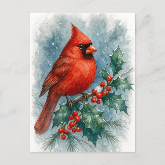 Cardinal rouge sur carte de Noël de houx d'hiver (Devant)