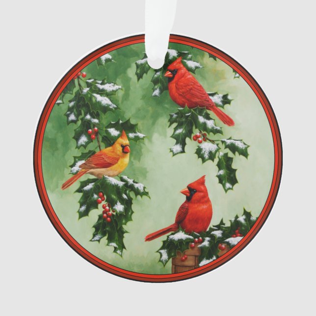 Cardinaux rouges du Nord et houx (devant)
