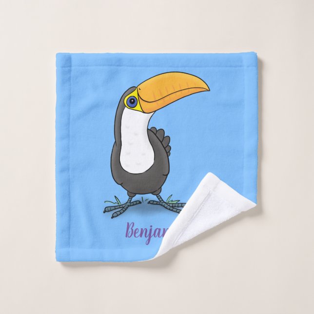 Caricature bleu vert toucan joyeux (Gant de toilette)