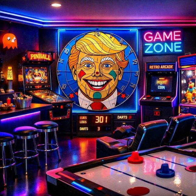 Caricature Cible de Fléchettes – Design Cible d'Ar (“Game night just got presidential — aim high, score big, and let the neon lights decide the winner!”)