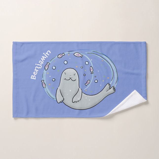 Caricature joyeux de phoque et de poisson bleu (Serviette à main)