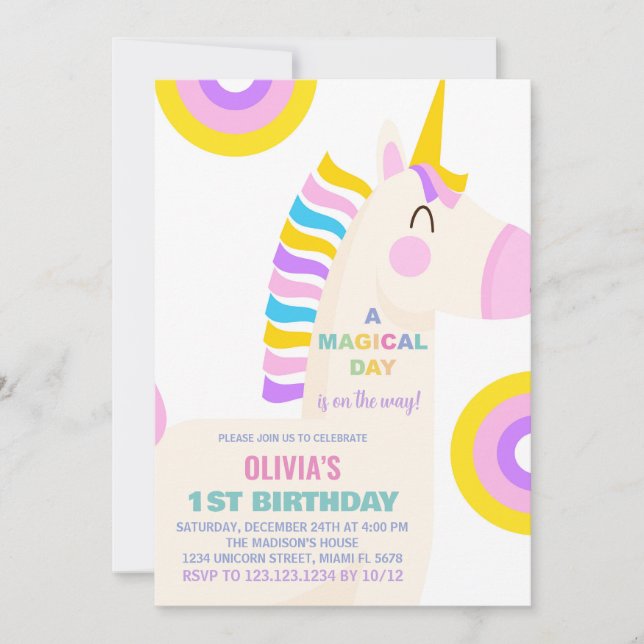 Caricature Rainbow Unicorn Invitations d'anniversa (Devant)