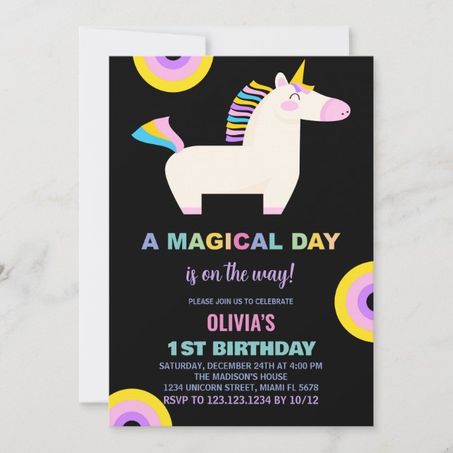 Caricature Rainbow Unicorn Invitations d'anniversa (Devant)