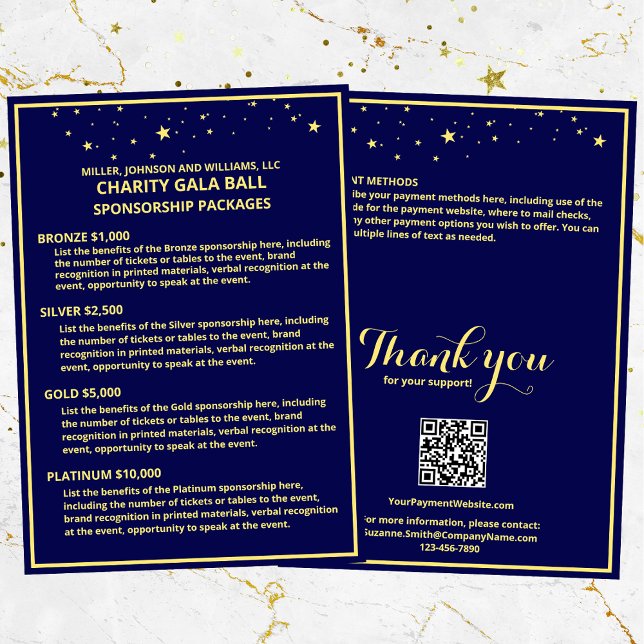 Caritative Gala Ball Carte de parrainage Blue Gold (Charity Gala Ball Sponsorship Packages, customize for your event, with a QR code for payments.)