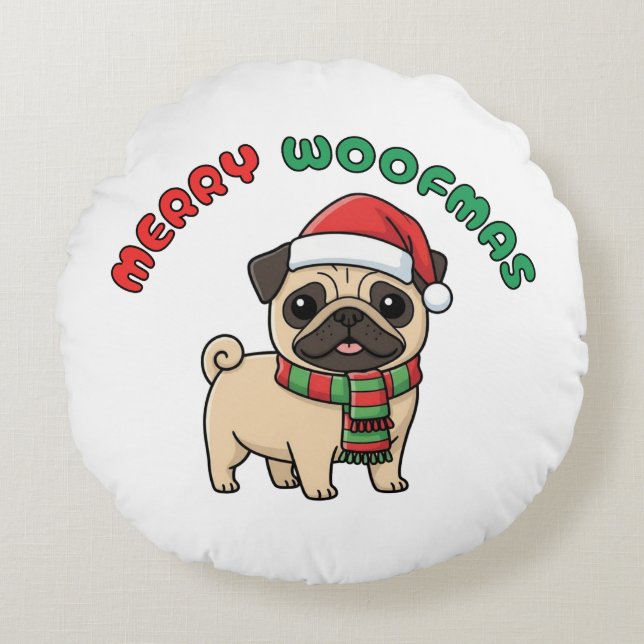 Carlin de Noël Coussin rond : Joyeux Woofmas (Devant)
