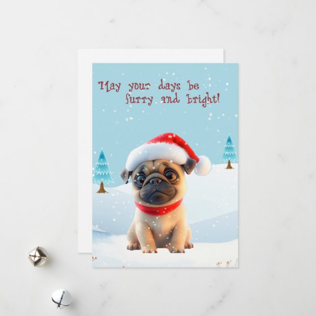 Carlin mignon dans la carte de Noël neige (Devant/Arrière en situation)