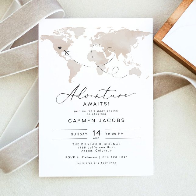 CARMEN Carte Beige Baby shower d'aventure (CARMEN Watercolor World Map Adventure Awaits Baby Shower Invitation Printed or Instant Download)