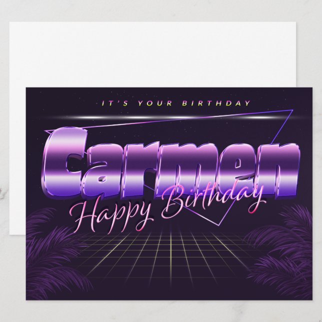 Carmen prénom carte rétro lilas anniversaire (Devant / Derrière)