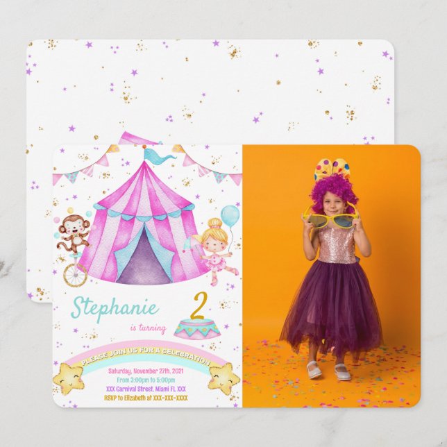 Carnaval éditable Anniversaire Photo Invitations (Devant / Derrière)