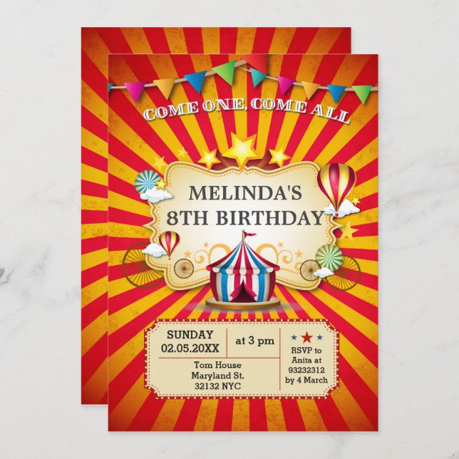 Carnaval enfants cirque Invitations fête d'anniver (Devant / Derrière)