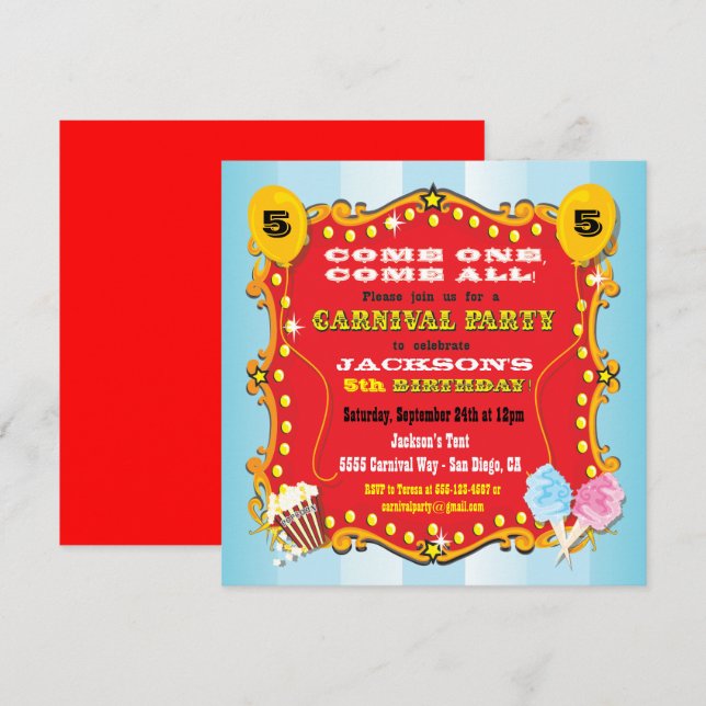 Carnaval Marquee Anniversaire Fête Invitations (Devant / Derrière)