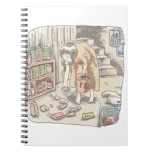 CARNET さなささじ  部屋の階段わきで屈んでたくさん落ちているゴミを拾う女性のイラスト (Devant)